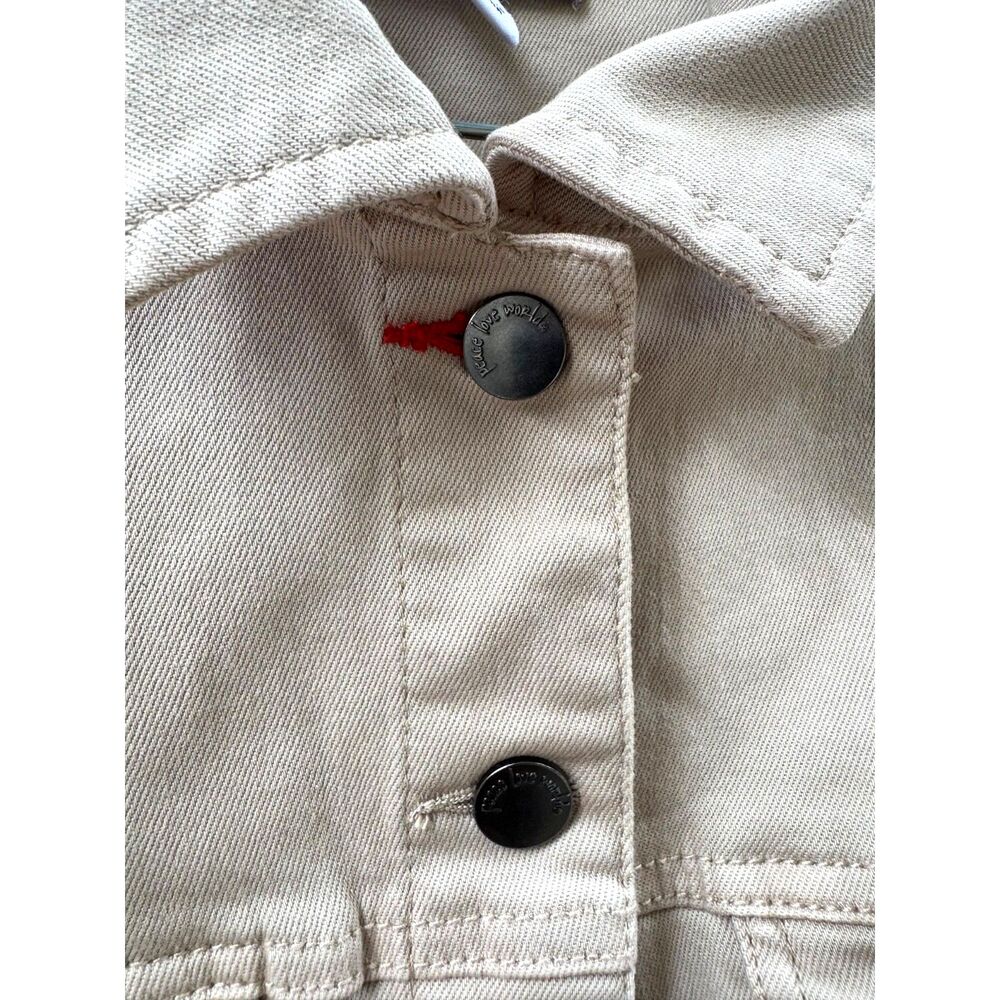 Peace Love World Cotton Beige Denim Jacket MultiColor Baseball Weave Detail SZ L - Picture 4 of 13